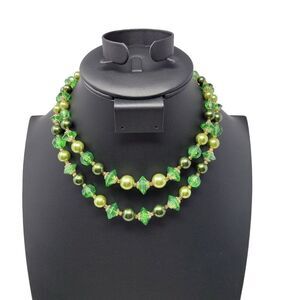 Vintage 80s Double Strand Choker Necklace Green Gold‎ Beaded Multi-strand